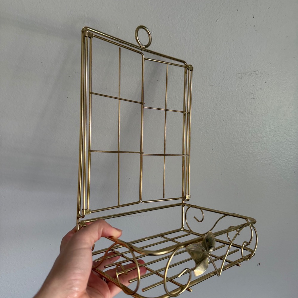 Vintage Brass Wire Window Pane Wall Shelf with Shutters